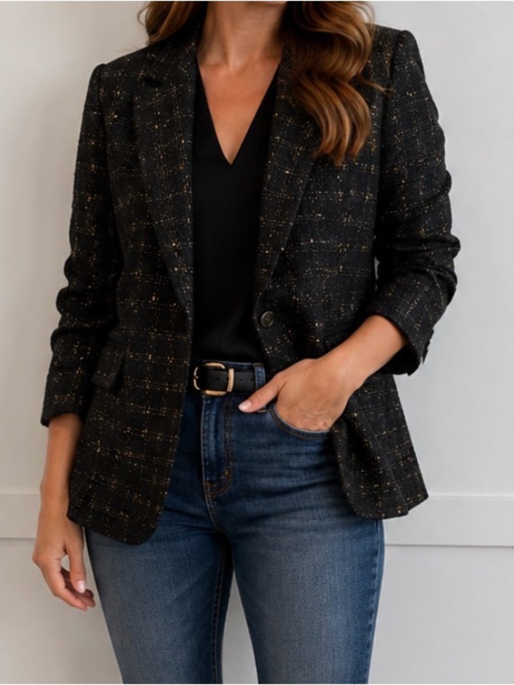 NY Collection Black Tweed Blazer with Gold Threading